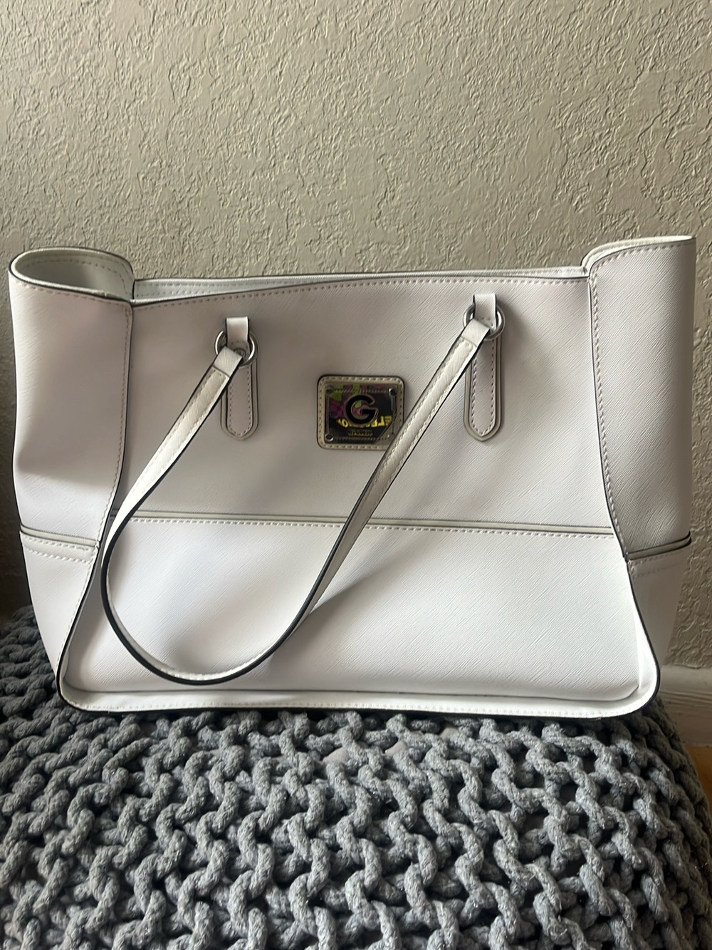 White Leather Tote Bag with Logo Plaque
